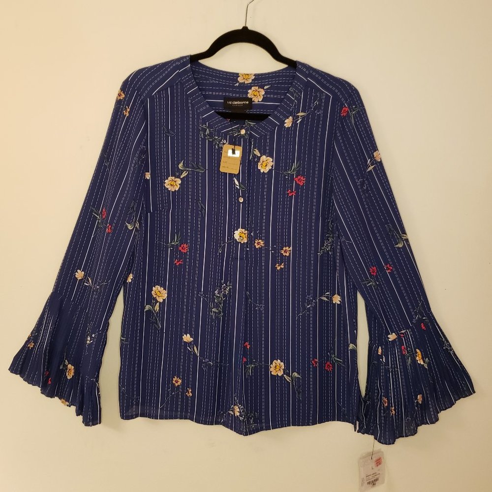 (NWT) Liz Claiborne Graphic Amour Navy Blue Stripe & Floral Blouse.  Size L.